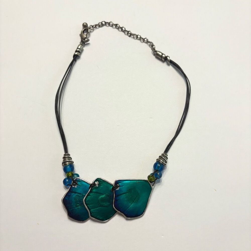 Chico’s Women’s Black Rope with Silver Blue Green Pendant Necklace